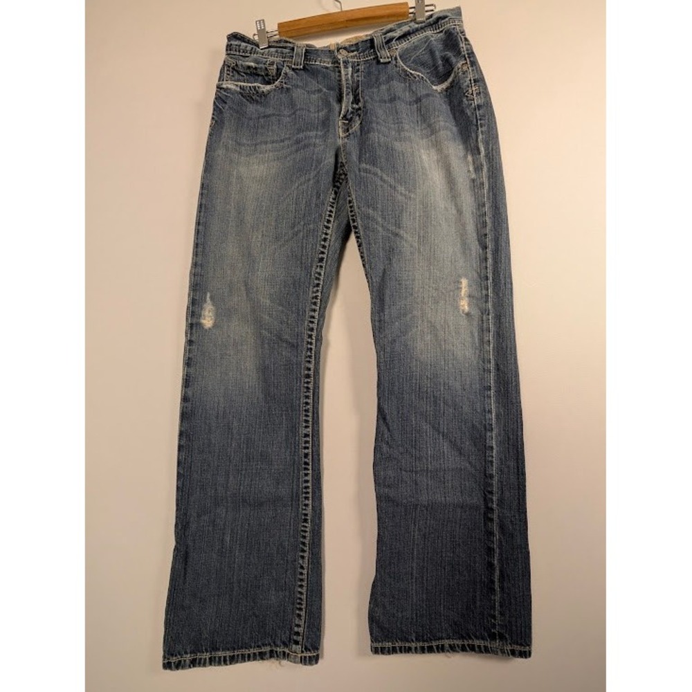 BKE Derek 100% Cotton Jeans Mens 33 (FITS 34x31) Blue Distressed Faded Vintage